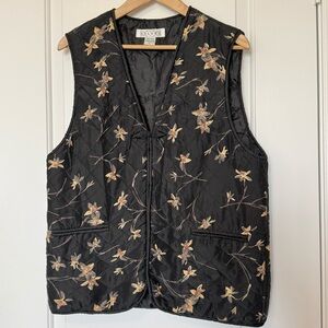 Deluxe Black Quilted 100% Silk Floral Vest with front pockets, large